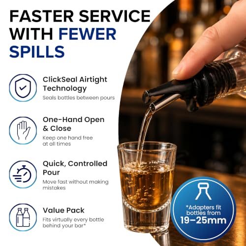 Poura 3-in-1 Liquor & Oil Pour Spouts Black 6 Pack with 6 Adapters - Hygienic Dishwasher Safe