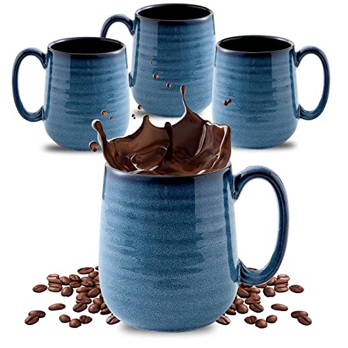 HASENSE Navy Coffee Mugs Set of 4, 15oz Porcelain Cups with Handle, Microwave Safe