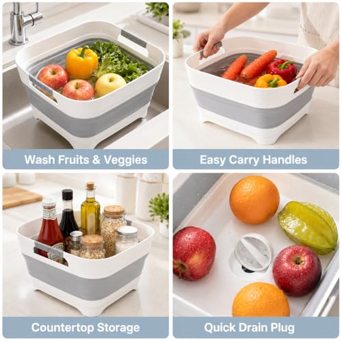Goderewild Gray Collapsible Wash Basin 9L with Drain Plug for Kitchen & Camping