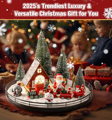 12-Piece LED Christmas Village Centerpiece Set with Rotating Oak Lazy Susan