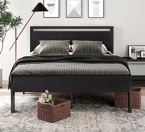 Full Size Metal Platform Bed Frame with Wooden Headboard & Under-Bed Storage