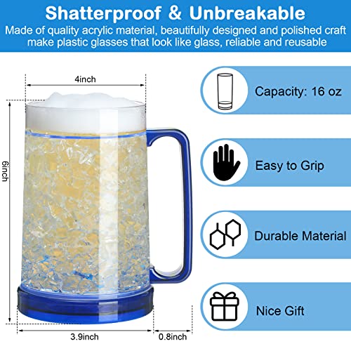 16 oz Freezer Beer Mugs with Gel, Double Wall Insulated Plastic Cups (6 Pack)
