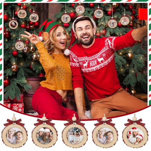 Wonderjune Red & Black Round Wooden Christmas Picture Frame Ornaments with Bow - Set of 24