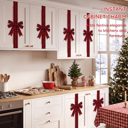 RetroRevel 6 Pcs 10-Inch Buffalo Plaid Cabinet Bows with 87in Straps, No-Nail Hook-and-Loop