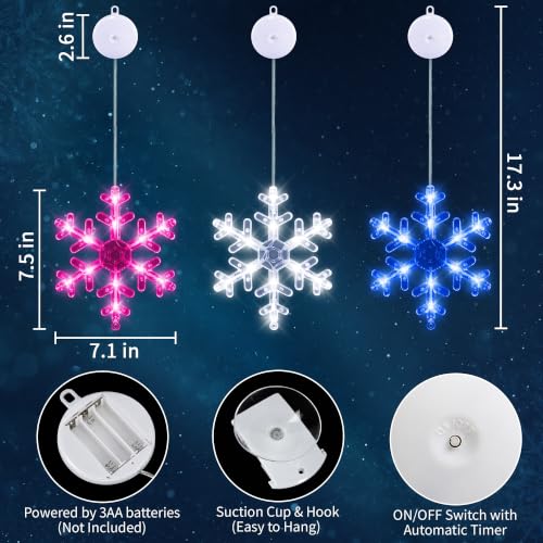 Christmas Window Decorations Snowflakes 3 Pack Battery Operated LED Lights with Suction Cups
