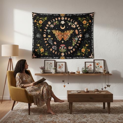 Orange Butterfly Moon Floral Tapestry - Boho Wall Hanging Decor (36" x 48")