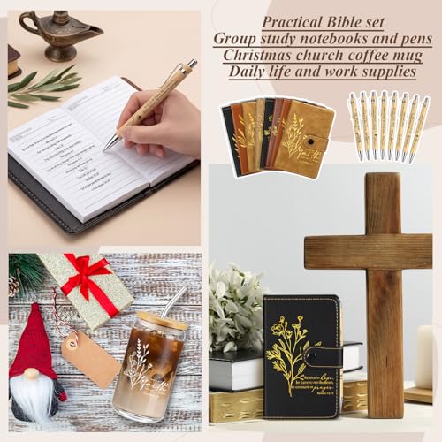 AmazingSpark 24 Pcs Christian Gift Set: 16 oz Glass Cups, Leather Bible Notebooks & Bamboo Pens (Flower, 5 Colors)