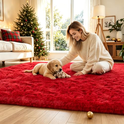 Red 4x6ft Ultra Soft Fluffy Shag Area Rug for Bedroom – Non-Slip Velvet Backing