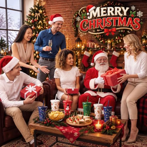Chuangdi 48Pcs Christmas Cups with Lids & Straws - 24oz, White/Red/Green/Blue, Includes Santa, Snowflake, Gingerbread Designs