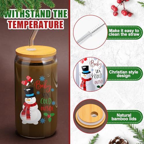 Skylety 12-Pack 16oz Christmas Glasses with Bamboo Lids, Straws & Brushes