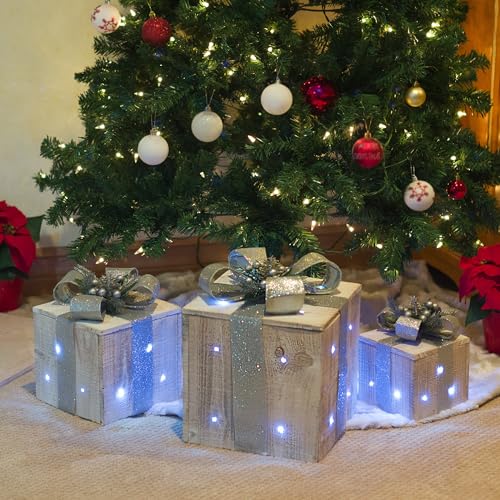 Alpine 3-Piece Wooden Gift Box Christmas Decor with LED Lights - Silver Ribbon