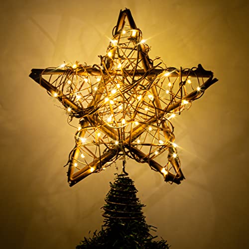 Natural Rattan Star Christmas Tree Topper with 50 Warm LED Lights