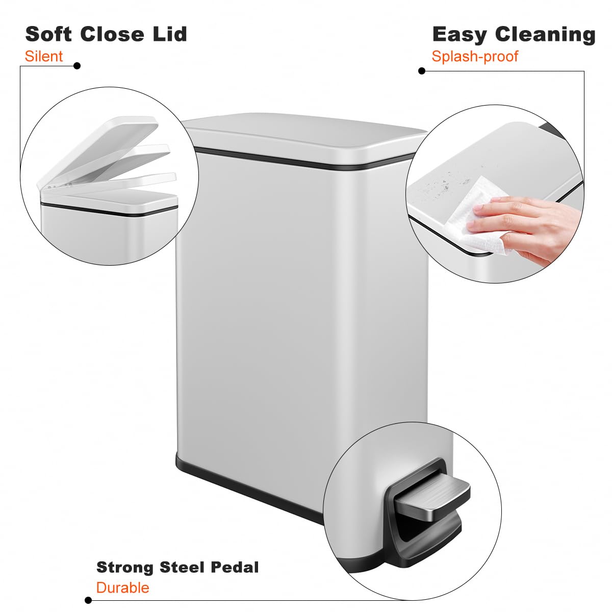 Regine Switzerland Slim Bathroom Trash Can - 1.6 Gallon Stainless Steel with Soft Close Lid & Removable Inner Bucket