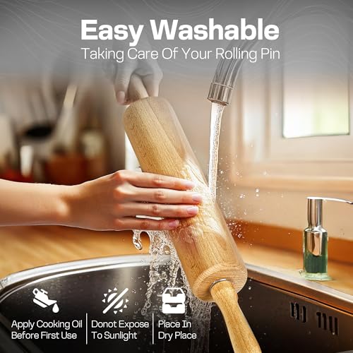 Beech Wood Rolling Pin with Handles - 17.6 Inch Dough Roller for Baking
