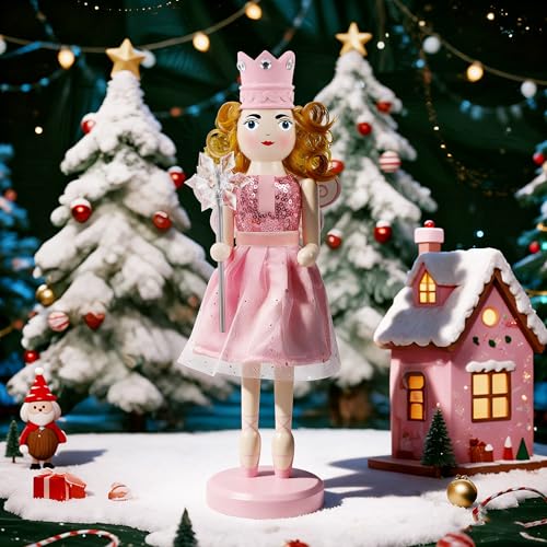 Joliyoou 12 Inch Pink Fairy Queen Wooden Nutcracker - Festive Christmas Decor
