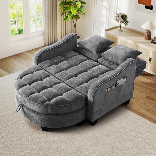 Oversized Chenille Chaise Lounge Chair with Storage Ottoman & Sleeper Bed