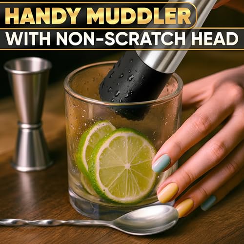 MALLONY Cocktail Muddler Set with Spoon & Jigger - Durable Stainless Steel Bar Tools
