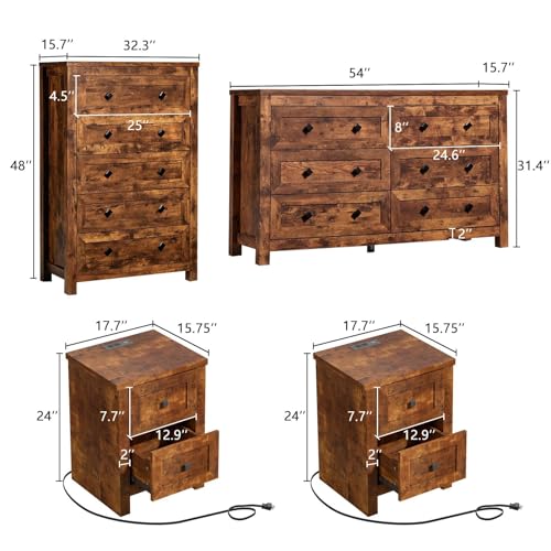 5-Piece Rustic Queen Bedroom Set with LED Platform Bed and Dressers