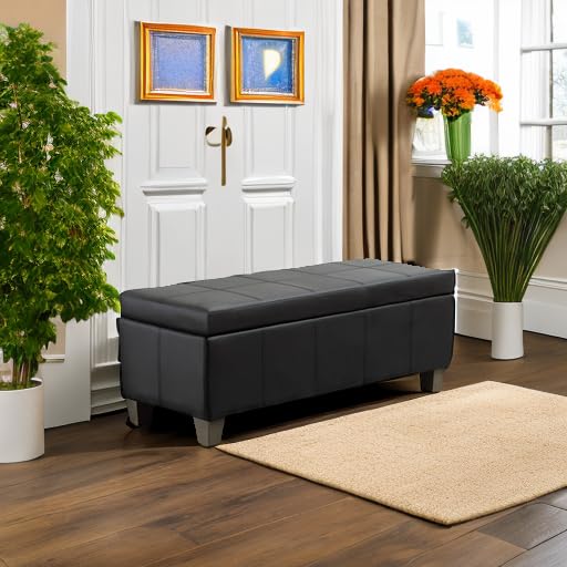 41-Inch Upholstered Storage Ottoman Bench with Safety Hinge, Black Faux Leather