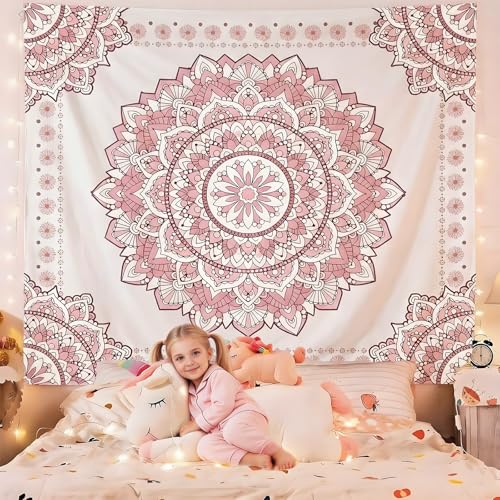 Pink Boho Mandala Wall Tapestry - Floral Aesthetic Room Decor (51x60 in)