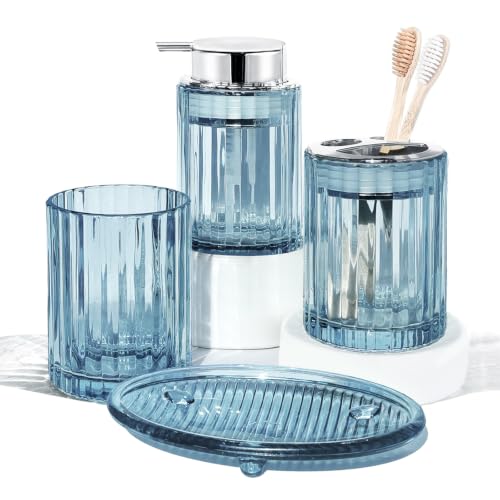 4-Piece Glass Bathroom Accessory Set - Soap Dispenser and Organizer