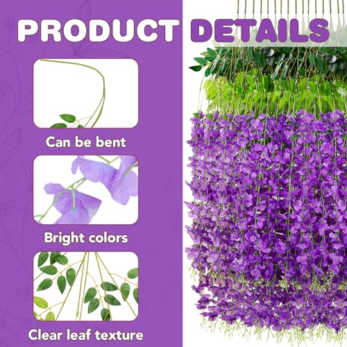 Purple Wisteria Hanging Flowers - 12 Pack Artificial Vines for Decor