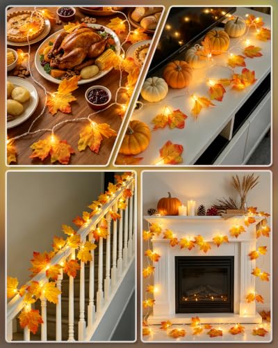 Lighted Fall Garland Maple Leaf String Lights - 2 Pack 16.4ft Battery Operated