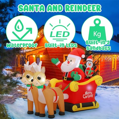 SUNGIFT 6ft Inflatable Santa Sleigh with Reindeer & LED Lights Christmas Decor