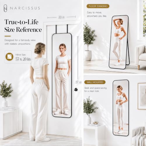 57x20 Inch Full Length Mirror, 3-in-1 Over-the-Door, Wall & Floor Mirror