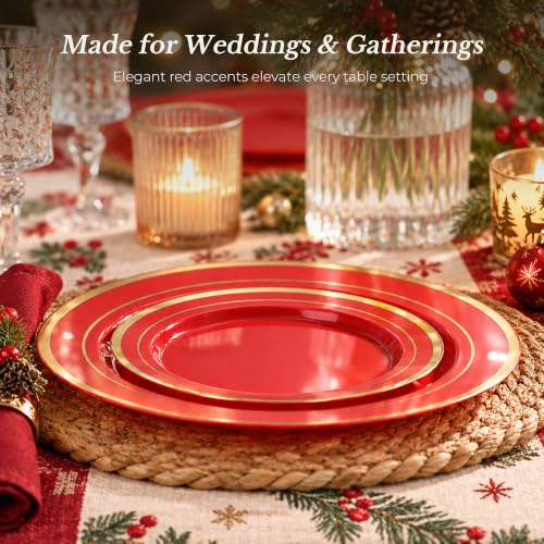 Red Plastic Dinner & Dessert Plates Set 100PCS with Gold Rim - Party Supplies