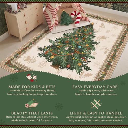 Olacotta 5x7 Beige Christmas Area Rug with Center Tree - Non-Slip, Machine Washable