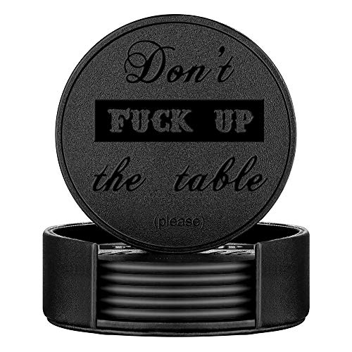 Black Leather Coasters Set with Holder - 6 Pcs Modern Drink Coasters for Home & Office