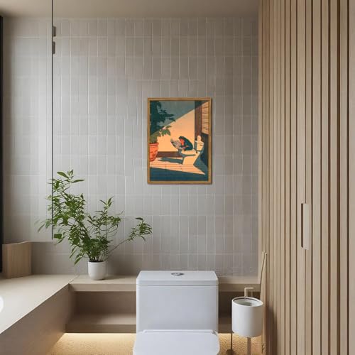 Funny Frog Bathroom Wall Art - Japanese Frog on Toilet Framed Canvas 12x16