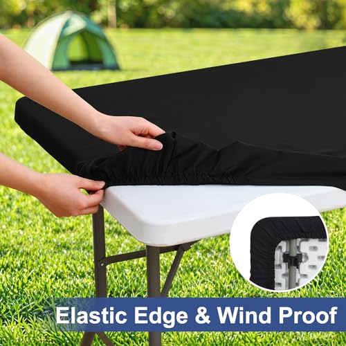6 Foot Black Elastic Fitted Tablecloth - Water-Resistant 30" x 72" Table Cover
