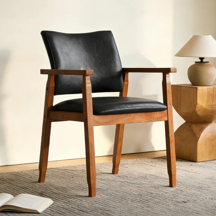 Mid-Century Modern Dining Chair with Armrest, Walnut Wood & PU Leather