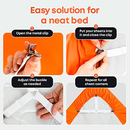 White Bed Sheet Straps Set - 4 Adjustable Elastic Fitted Sheet Holders