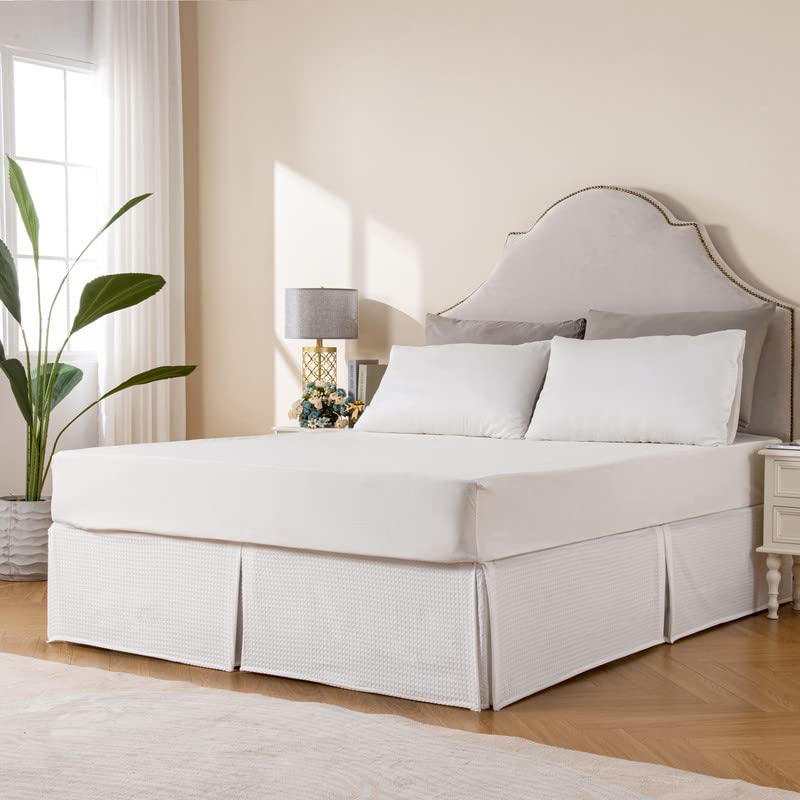 Pleated Waffle Weave Bed Skirt - 14 Inch Drop Tailored Dust Ruffle (Queen)