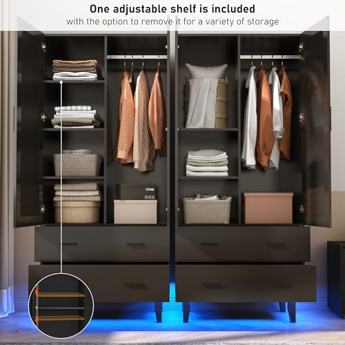 2-Door Wardrobe Armoire with LED Lights, Mirror, Drawers and Shelves