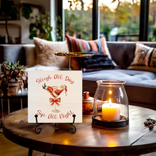 Santa Martini Christmas Wood Desk Sign with Stand - 5x5in, Red Bow, SkipTiger (Variation: Santa Martini)