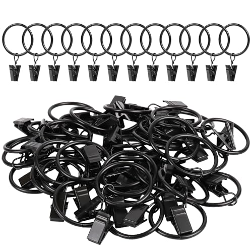 42 Pack Metal Curtain Rings with Clips, 1.26 Inch Interior Diameter, Black