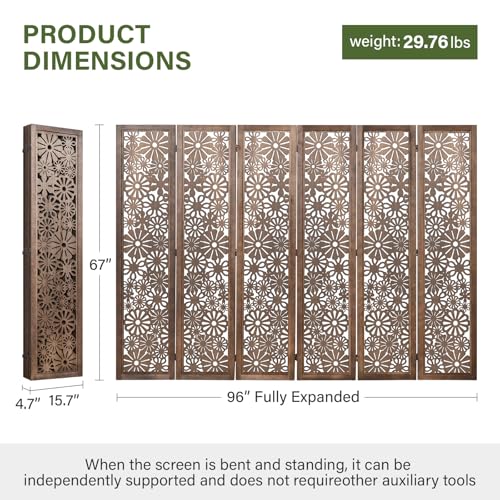 6-Panel Folding Wood Room Divider, 5.6ft Tall Daisy-Carved Privacy Screen