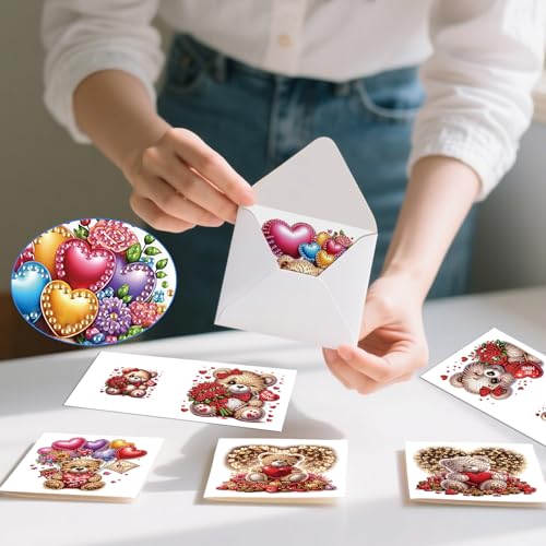 MVVMTOP 6pcs Diamond Painting Greeting Card Kit with Bear & Balloon Envelopes (DIY Xmas Birthday Thanksgiving)