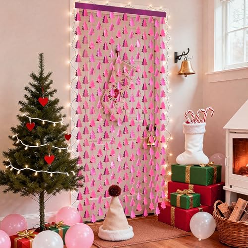 Pink Christmas Foil Fringe Curtain 2-Pack 3.3x6.6ft Backdrop for Photo Booth