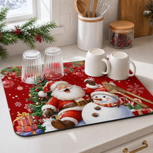 TUNSEZ Christmas Santa Snowman Dish Drying Mat 18x24 Inch Holiday Kitchen Decor