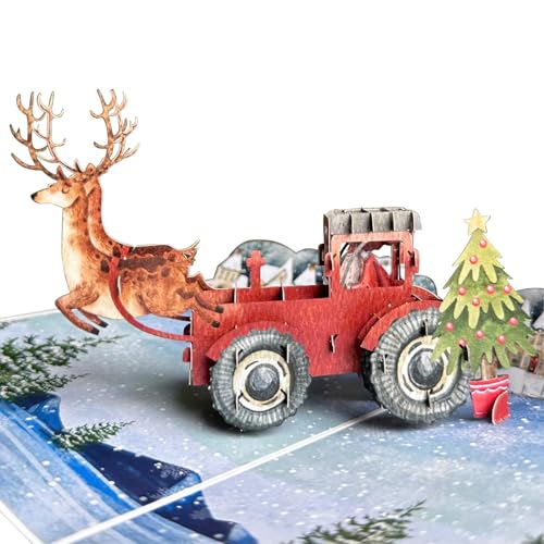 AIMEEOI Vintage Christmas Card with Santa in Red Truck & Reindeer, 5x7 Holiday Greeting with Envelopes, Unique Pop Up Design