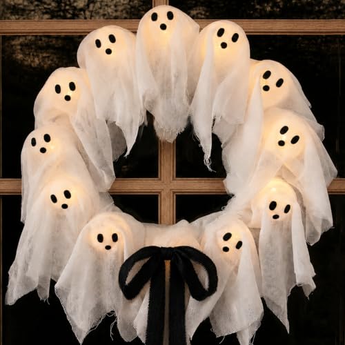 22-Inch Lighted Ghost Wreath with Remote, 8 Modes & Timer