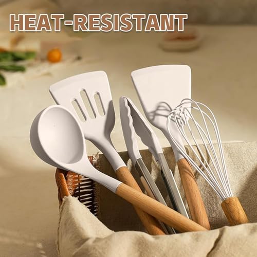 33-Piece Non-Stick Silicone Kitchen Utensils Set with Holder & Wooden Handles