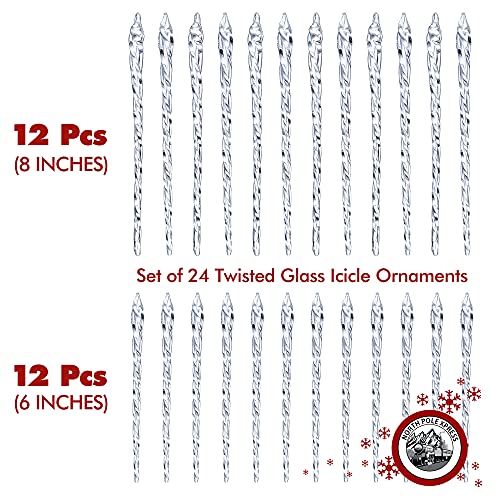 Large Clear Glass Icicle Christmas Ornaments Set of 24 - Winter Frost Look