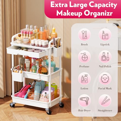 White 3-Tier Makeup Cart Organizer with Drawer - Rolling Vanity Storage