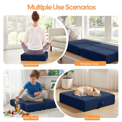 24-Inch Square Floor Pillow, Thick Foam Meditation Cushion, Navy